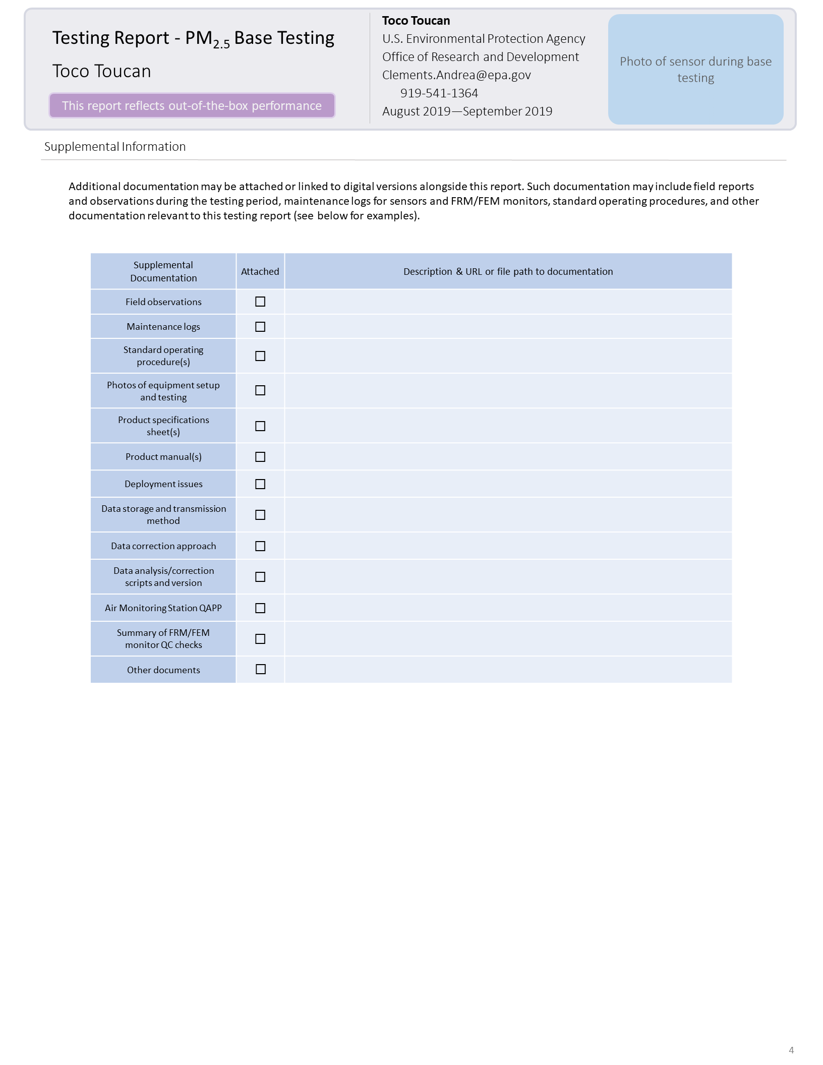 The fourth page of the performance report. This page includes a table listing various documents, reports, and observations that testers may wish to attached to the report. Entries are provided to indicate whether a particular type of documentation has been attached and a description of the URL or file path to the documentation.